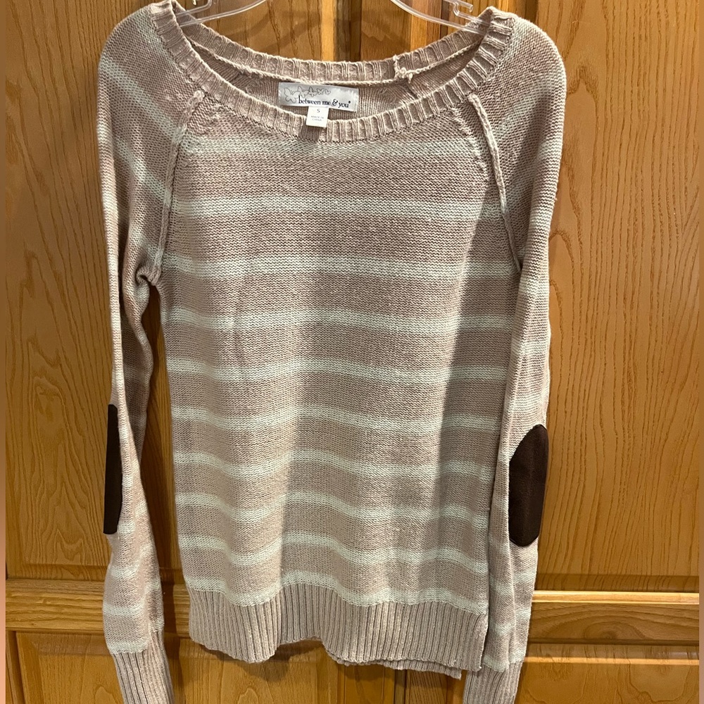 Anthropologie Between Me & Striped Pullover Sweater Elbow Patches Size Small